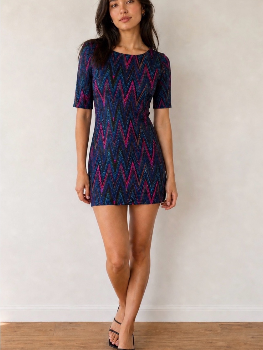 Leota Navy Mini Dress with Pink Zigzag Pattern